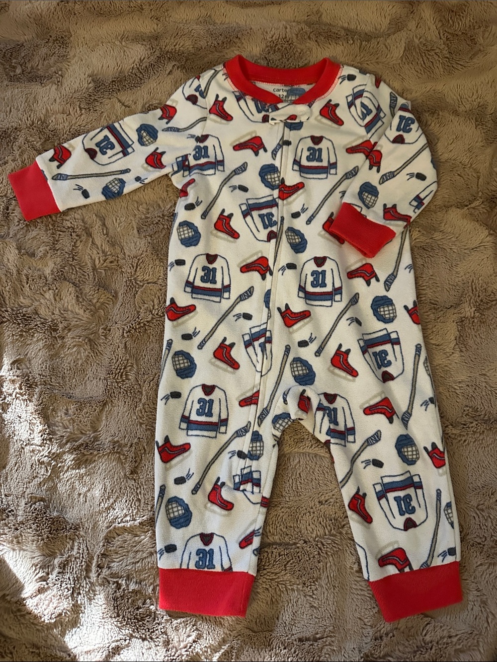 Carter's Hockey Print Fleece One-Piece pj’s or outfit, 12 months